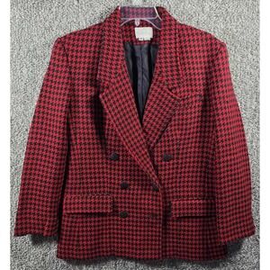 EMILY Houndstooth Double Breasted Blazer Jacket Women 10 Vintage Red Black